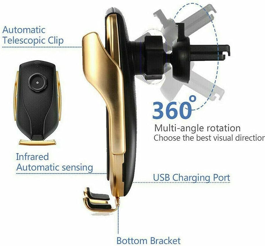 Qi Wireless Charger Car Mount Phone Holder Rack Automatic Clamping Smart Sensor (Black)