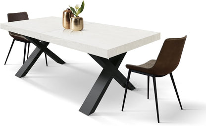 PAZZO DESIGN Linda Extendable Table, Living Room Table, Kitchen Table, Cross Legs X Black, Made in Italy, Ash White, 180 x 90 x 76 cm - id_1982-N
