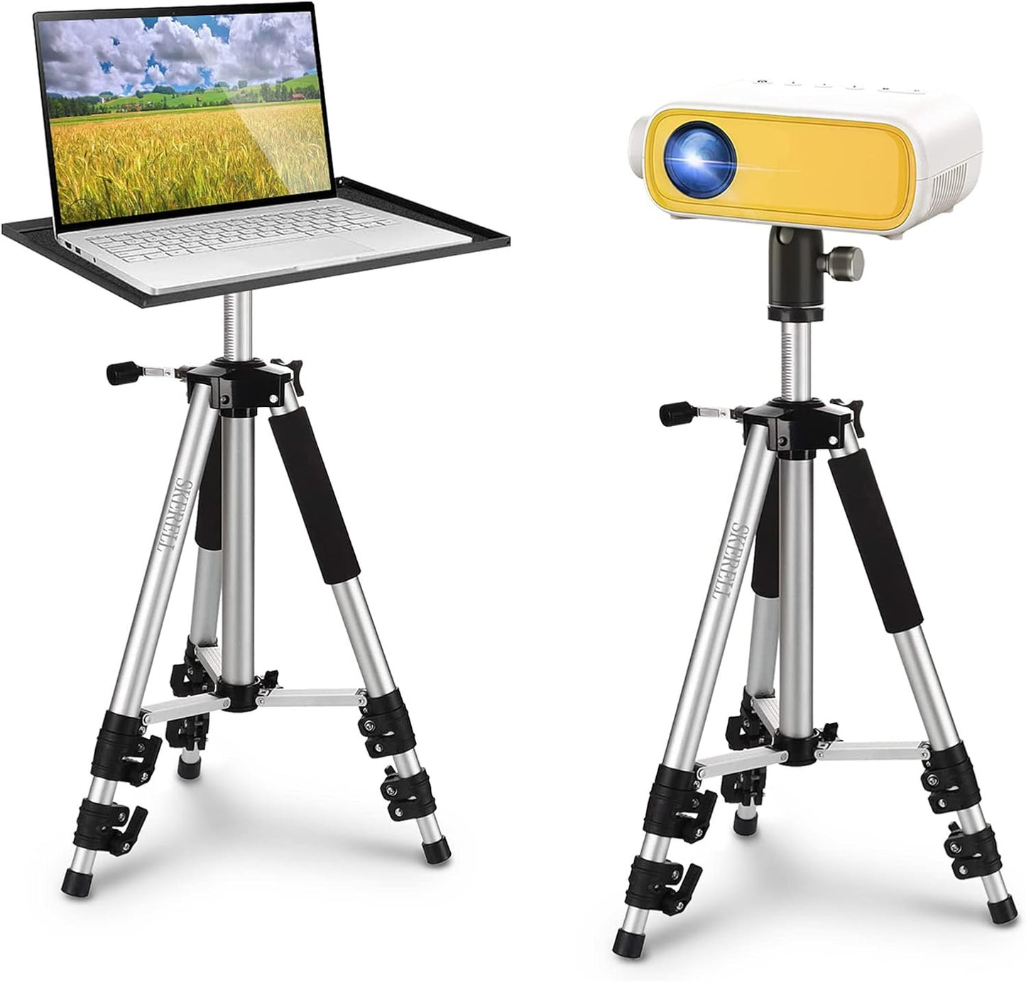 SKERELL Projector Stand, Universal Laptop Stand, Aluminum Alloy Tripod with Tray and Ball Head, Carrying Bag, Adjustable Height from 17 to 48 Inch (Silver)