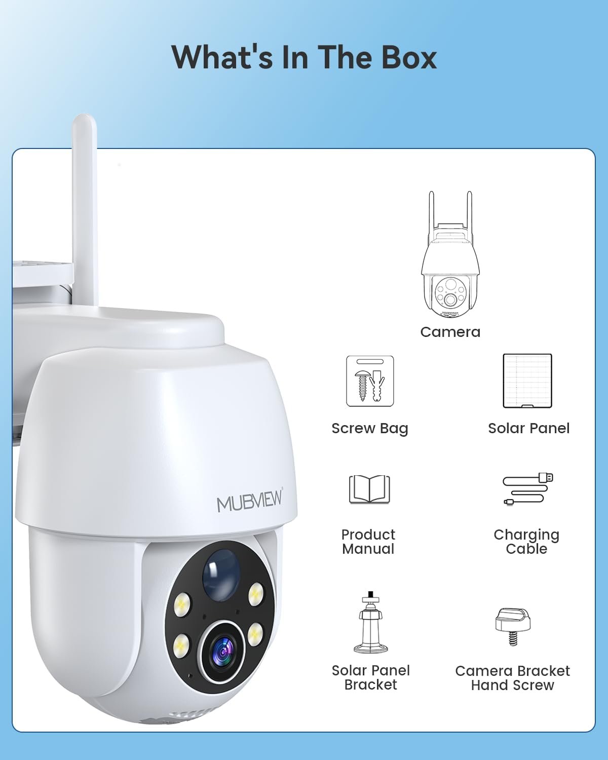 MUBVIEW 5W Solar Security Cameras Wireless Outdoor, 360Â° PTZ Battery Powered Outdoor Camera Plus, 2.4Ghz WiFi Security Camera for Home, 2K, Color Night Vision, Motion Detection,9000 mAh Battery,2 Pcs