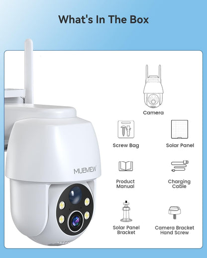MUBVIEW 5W Solar Security Cameras Wireless Outdoor, 360Â° PTZ Battery Powered Outdoor Camera Plus, 2.4Ghz WiFi Security Camera for Home, 2K, Color Night Vision, Motion Detection,9000 mAh Battery,2 Pcs