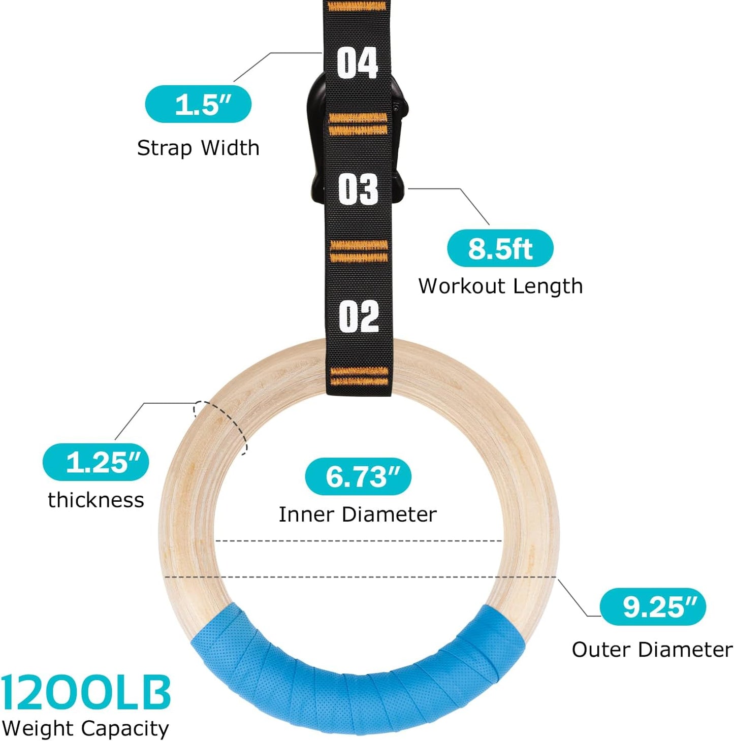 Vulken Wooden Gymnastic Rings with Adjustable Numbered Straps. 1.25'' Olympic Rings for Core Workout, Crossfit, Bodyweight Training. Home Gym Rings with 8.5ft Exercise Straps and Workout Handles.