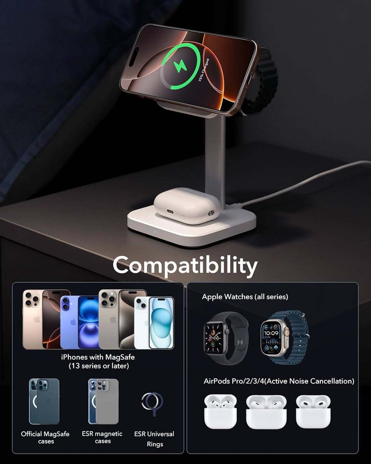 ESR Qi2 3 in 1 Wireless Charging Station, [Certified] & 15W Qi2 MagSafe Charger Stand for iPhone, Wireless Charger for Multiple Devices iPhone 16/15/14/13&Watch&AirPods, White