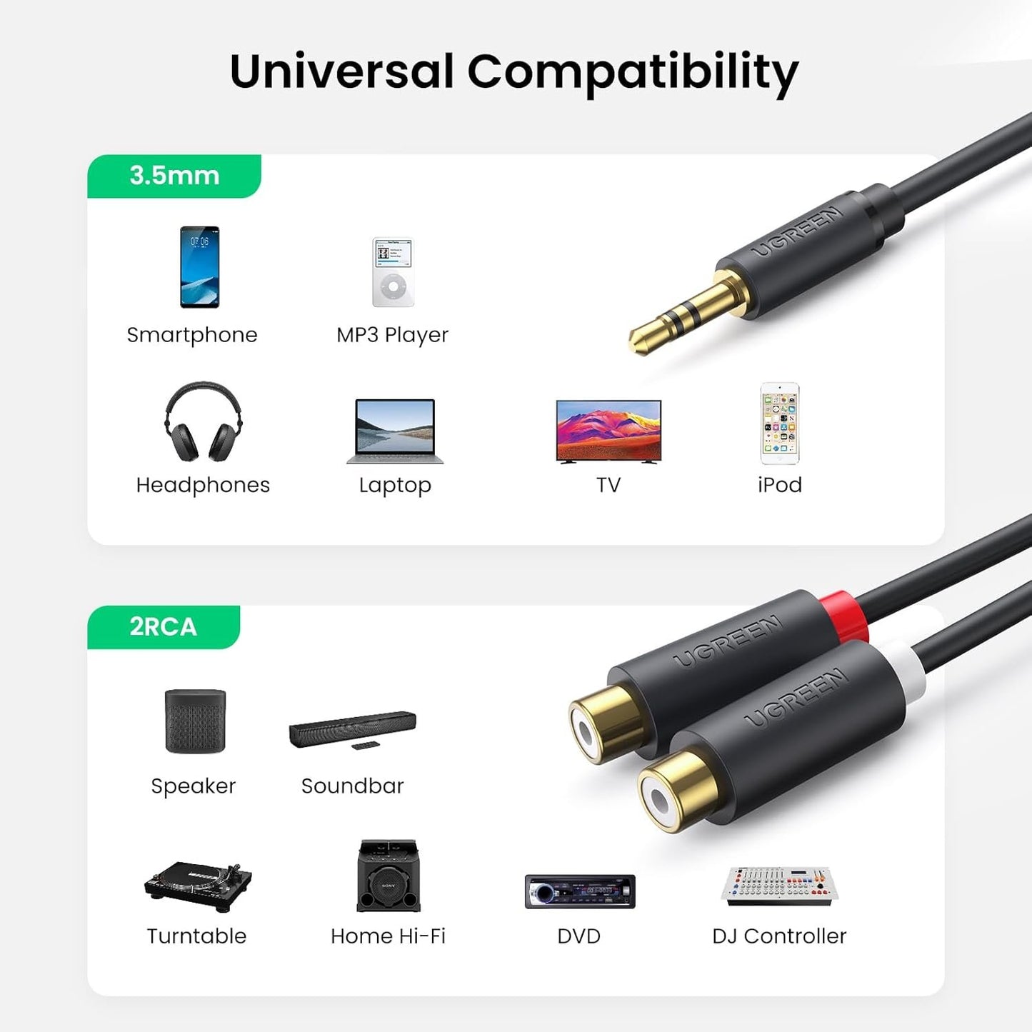 UGREEN 3.5mm Male to 2 RCA Female Jack Stereo Audio Cable Y Adapter Gold Plated Red and White to Headphone Cord Compatible with iPhone iPod iPad MP3 TV DVD Player DJ Controller Mixer Speaker, 0.8 Feet