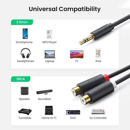 UGREEN 3.5mm Male to 2 RCA Female Jack Stereo Audio Cable Y Adapter Gold Plated Red and White to Headphone Cord Compatible with iPhone iPod iPad MP3 TV DVD Player DJ Controller Mixer Speaker, 0.8 Feet