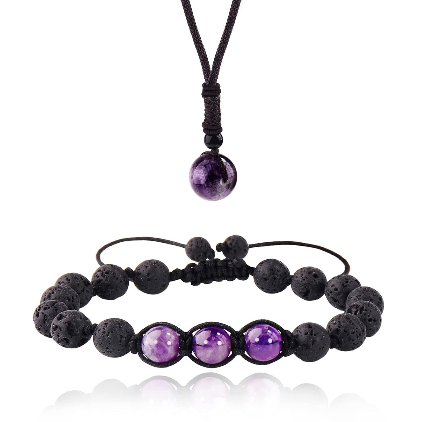 Amethyst Crystal Lava Rock Anxiety Bracelets and Necklace Set, Self Care Stress Relief Bracelet Necklace Set, Natural Stone Energy Crystal Protection Bracelets for Yoga Meditation (Amethyst)