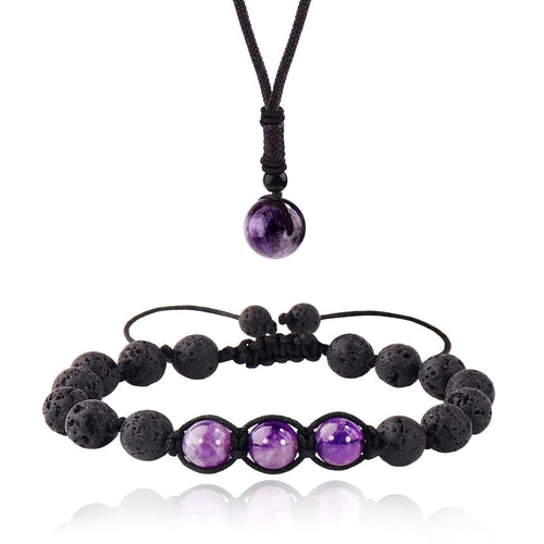Amethyst Crystal Lava Rock Anxiety Bracelets and Necklace Set, Self Care Stress Relief Bracelet Necklace Set, Natural Stone Energy Crystal Protection Bracelets for Yoga Meditation (Amethyst)