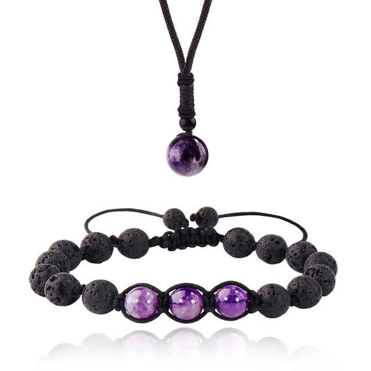 Amethyst Crystal Lava Rock Anxiety Bracelets and Necklace Set, Self Care Stress Relief Bracelet Necklace Set, Natural Stone Energy Crystal Protection Bracelets for Yoga Meditation (Amethyst)