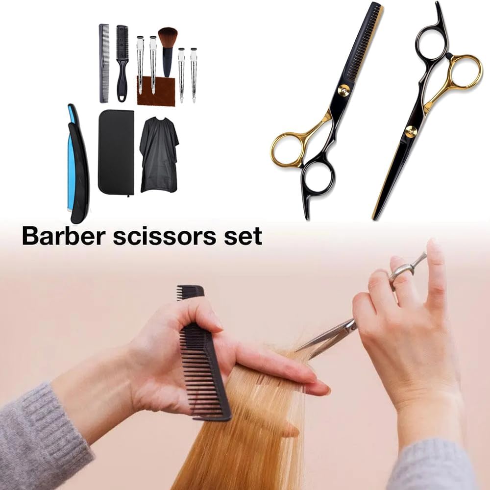 Hairdressing Scissors, Hair Thinning Scissors, Hair Scissors, 14 Professional Stainless Steel Hair, with Barber Cape, Comb and Clip for Men, Women, Children