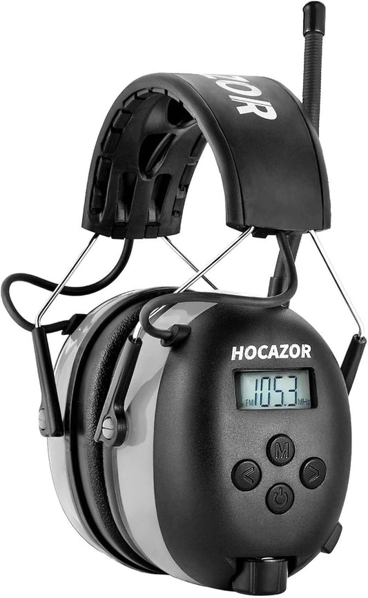 Hocazor HP10 FM AM Radio Headphones with LCD Display, 30dB SNR Hearing Protection Safety Earmuffs for Mowing Work Shops, Grey