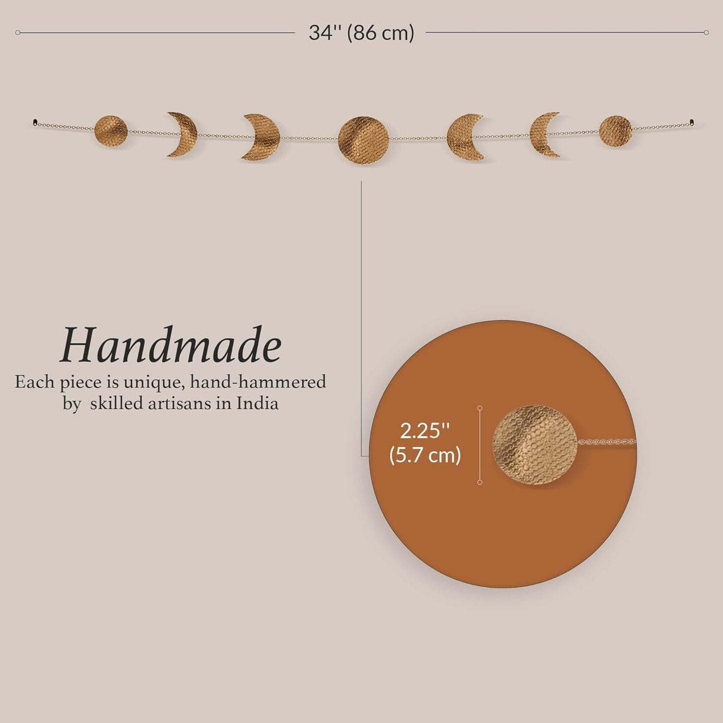 BASE ROOTS Moon Phase Wall Decor, Gold Wall Decor for Bedroom & Living Room, Bohemian Wall Decor, Handmade Hammered Metal 34" 7 Phases Moon Wall Decor, Celestial Wall Art, Gift for Women & Kids
