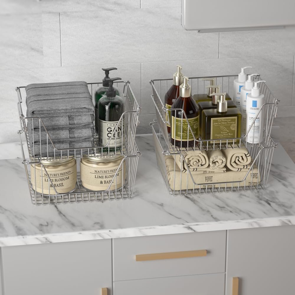 Slideep Large Stackable Storage Baskets Cabinet Organizer Sturdy Metal Wire Pantry Freezer Bin for Pantry Home Bathroom Kitchen Organization 4 Packs