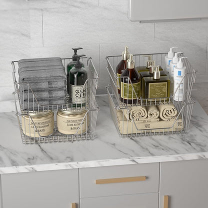 Slideep Large Stackable Storage Baskets Cabinet Organizer Sturdy Metal Wire Pantry Freezer Bin for Pantry Home Bathroom Kitchen Organization 4 Packs