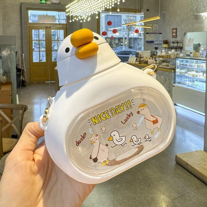 Cute Water Bottle for Kids, Kawaii Water Cup Funny Duck Water Bottles with Strap, Leak-Proof Drinking Cup for School Sport Travel