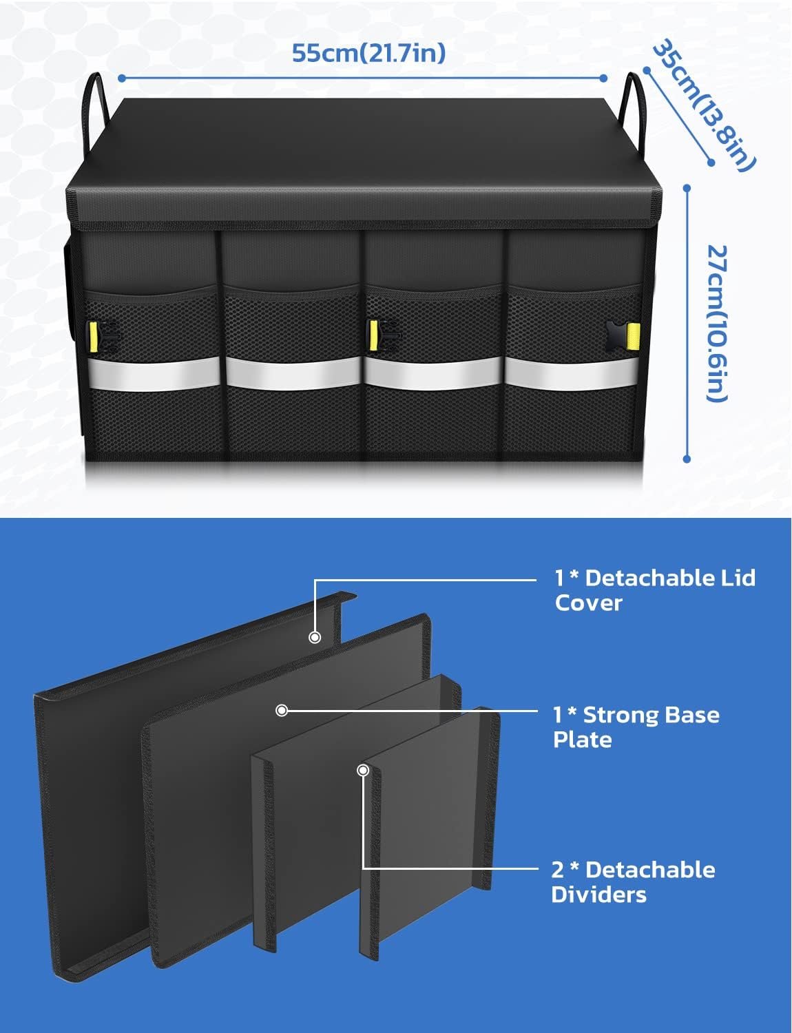 Oasser Car Trunk Organizer for SUV, Car Trunk Storage Organizer Collapsible Multi-compartments Cargo Storage Box with Foldable Cover, Reflective Strip, Non Slip Bottom E3A Black