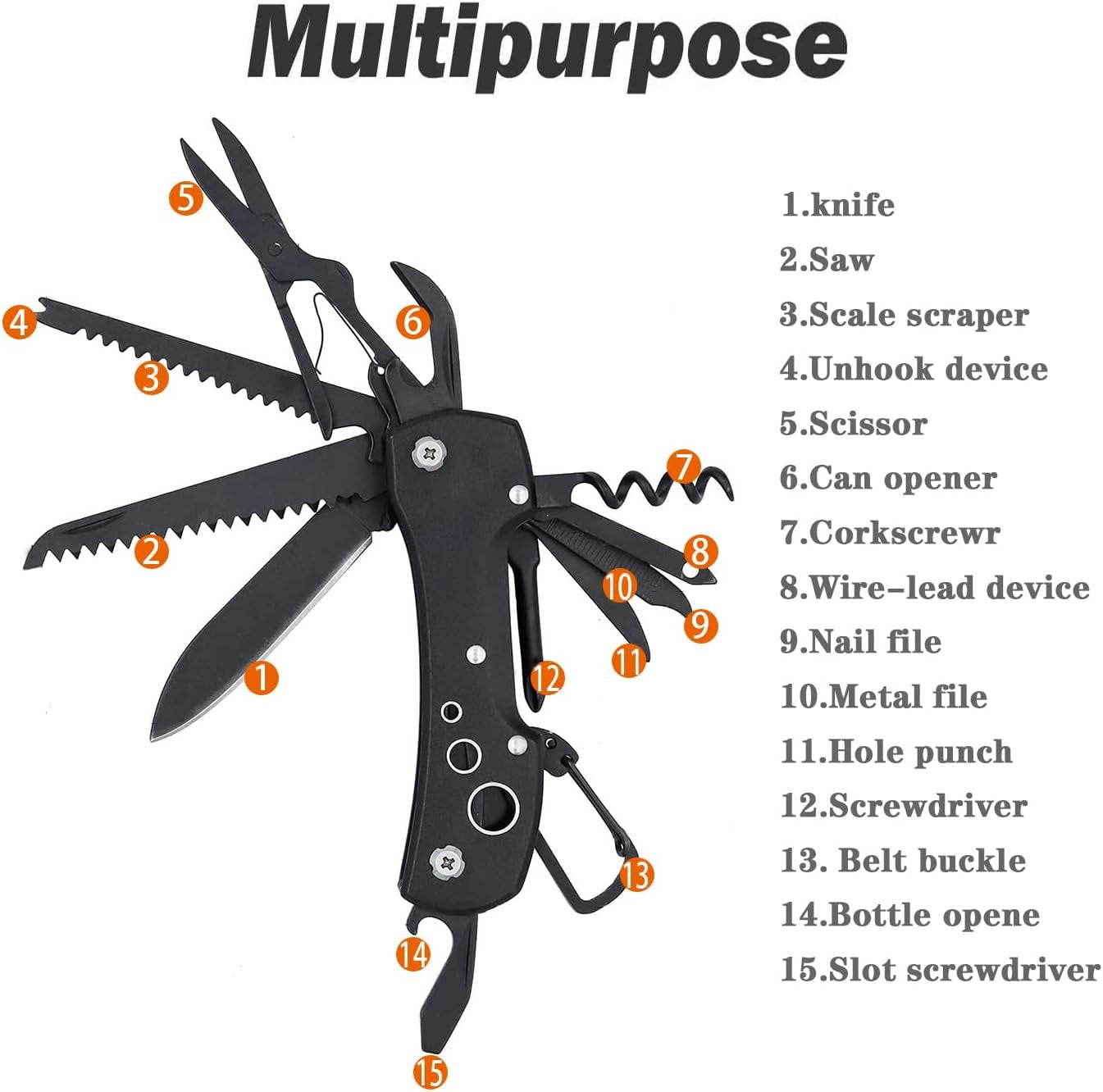 HONZIN Multitool Knife Camping 15 in 1 Multi Purpose Pocket Tool Antirust Black Oxide Swiss Style Pocket Knife for Survival Fishing Car Travel