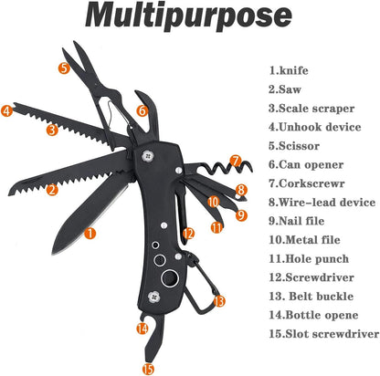 HONZIN Multitool Knife Camping 15 in 1 Multi Purpose Pocket Tool Antirust Black Oxide Swiss Style Pocket Knife for Survival Fishing Car Travel
