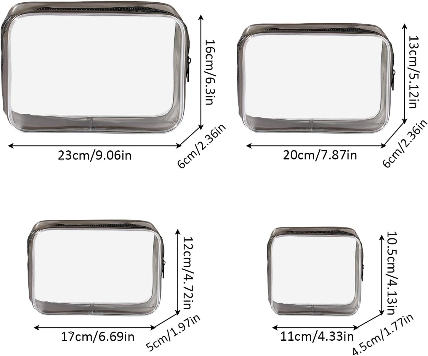 KEYRI 4 Pieces Transparent Toiletry Bags Travel Beauty Case Waterproof TSA Travel Bag Travel Bags Transparent Airplane Travel Kit Makeup Bag for Cosmetics Women Men, Black