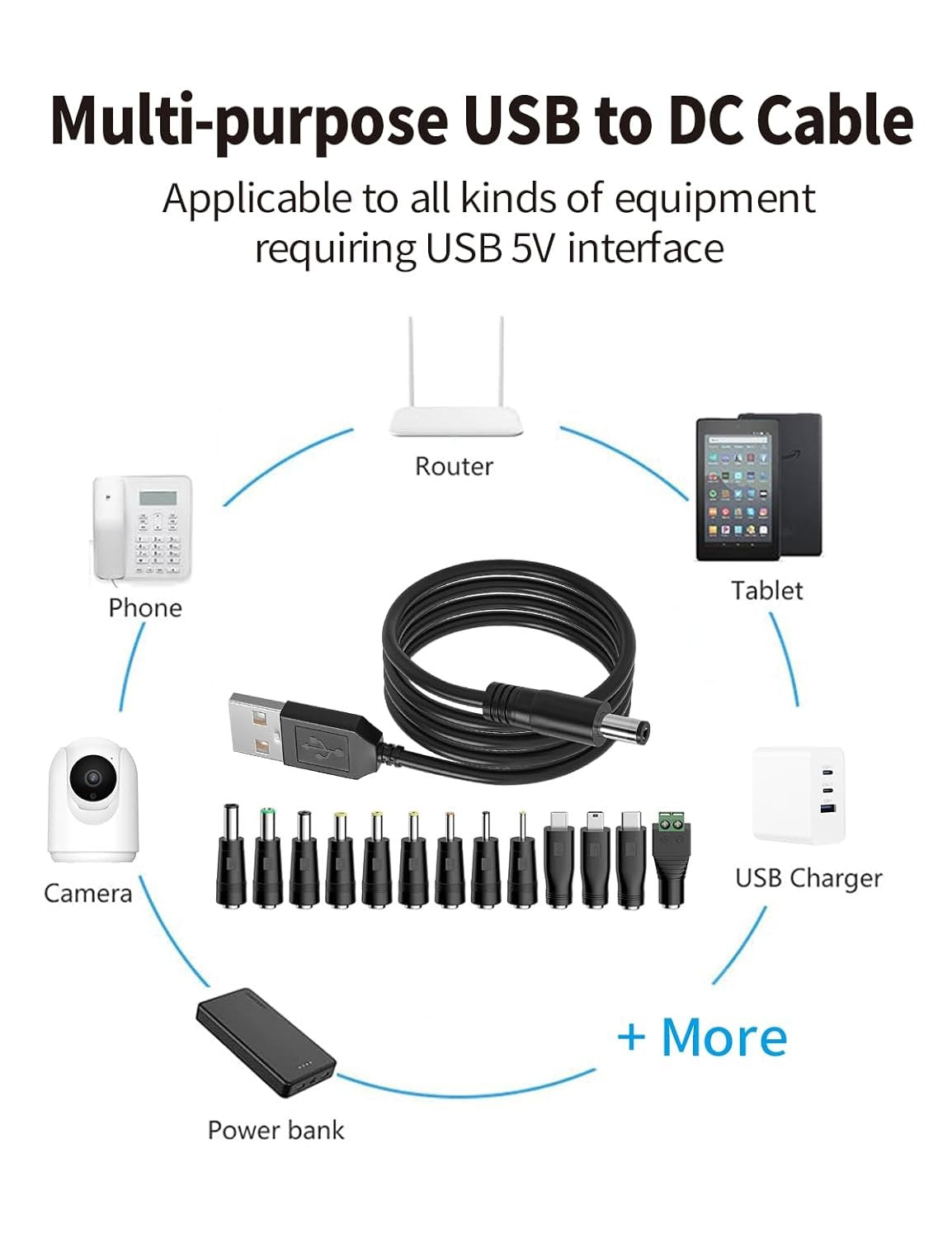 Tonton 5V Universal USB to DC Charger Charging Cable, 5.5x2.1mm DC Plug Power Cable with 13 Adapter Plugs for Mini Portable Fan, Bluetooth Speaker, Webcam, Router, Mobile Phone, Power Bank, USB Hub
