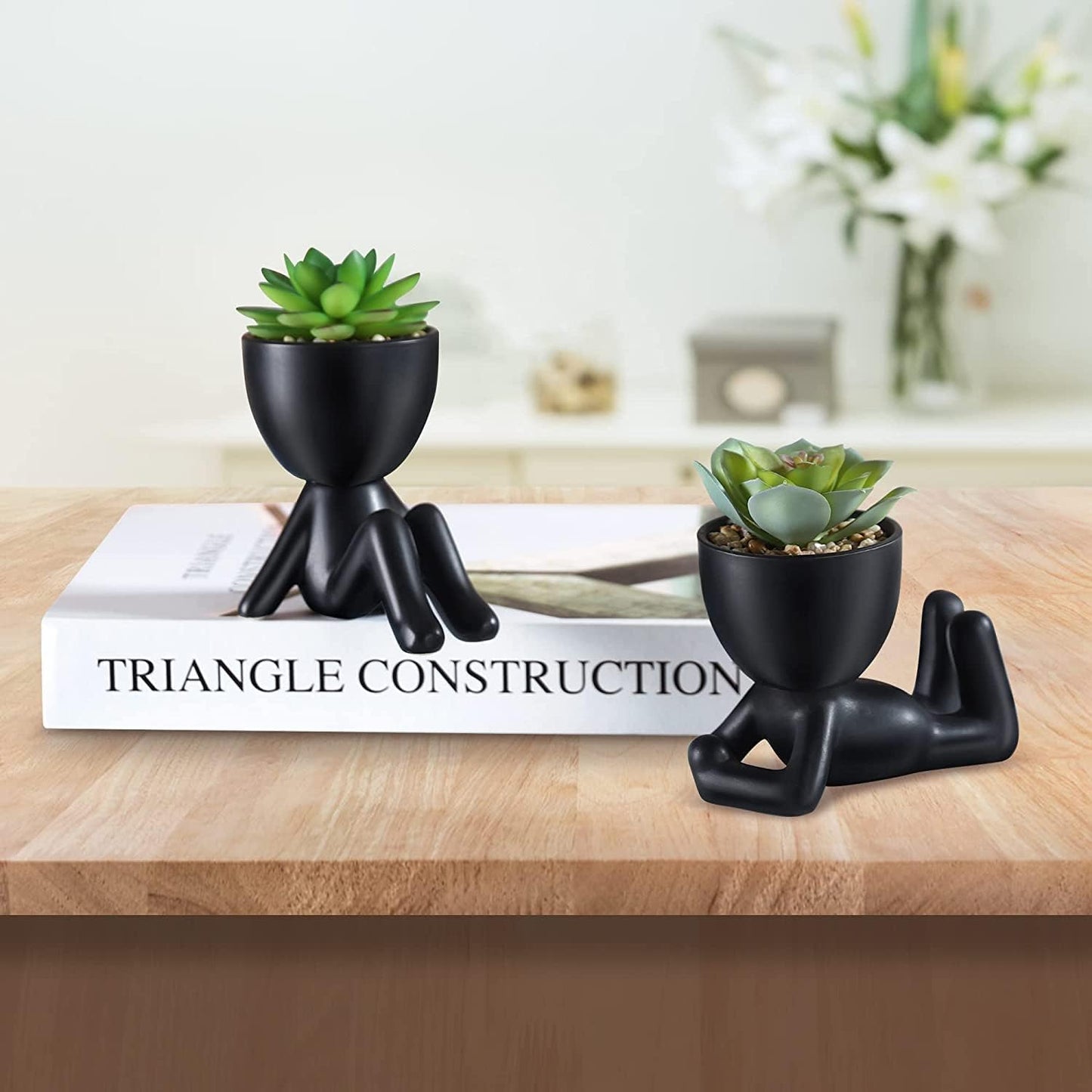 Fake Succulent, Mini Succulents Plants Artificial in Black Modern Human Shaped Ceramic Pots Cute Desk Decor Desk Plant for Office Decor, Cute Fake Plants Bathroom Decor 2PCS