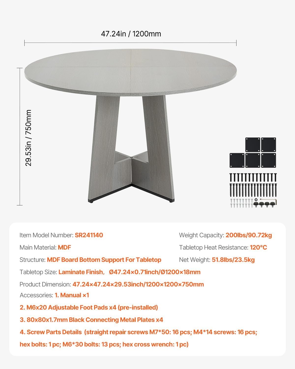 VEVOR Round Dining Table, 47 inch Wood Table for 2-4 Person, Farmhouse Circle Dinner Furniture, Rustic Leisure Tables with Thick Wooden Legs, for Home Kitchen Living Room, Grey (Only Table)