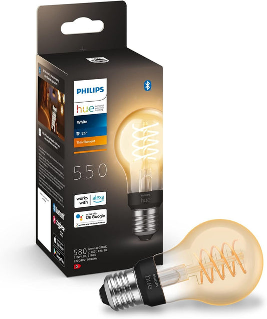 Philips Hue White Filament A60 Smart Light Bulb [E27 Edison Screw] 7W for Vintage, Indoor Home Lighting. Decorate Your Livingroom, Bedroom or Diningroom