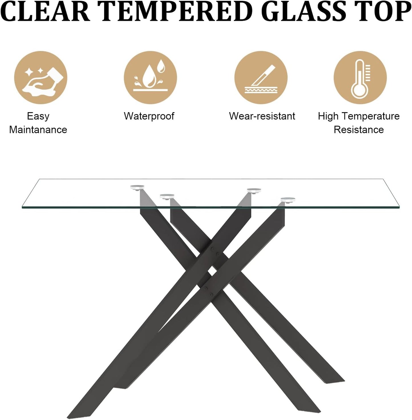 51inch Modern Dining Table for 4, Glass Kitchen Dining Room Table for 4, 0.32" Rectangular Tempered Glass Tabletop and Black Metal Legs,Rectangle Clear Glass Table for Kitchen, Dining Room