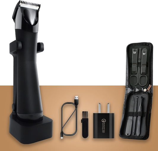 USOR Electric Groin Hair Trimmer Double Head Body Groomers - Ball Trimmer for Men & Hygiene Razor, Replaceable Ceramic Blade Heads, USB Recharge Dock and Power Adapter, Personal Care Nail Clipper Set