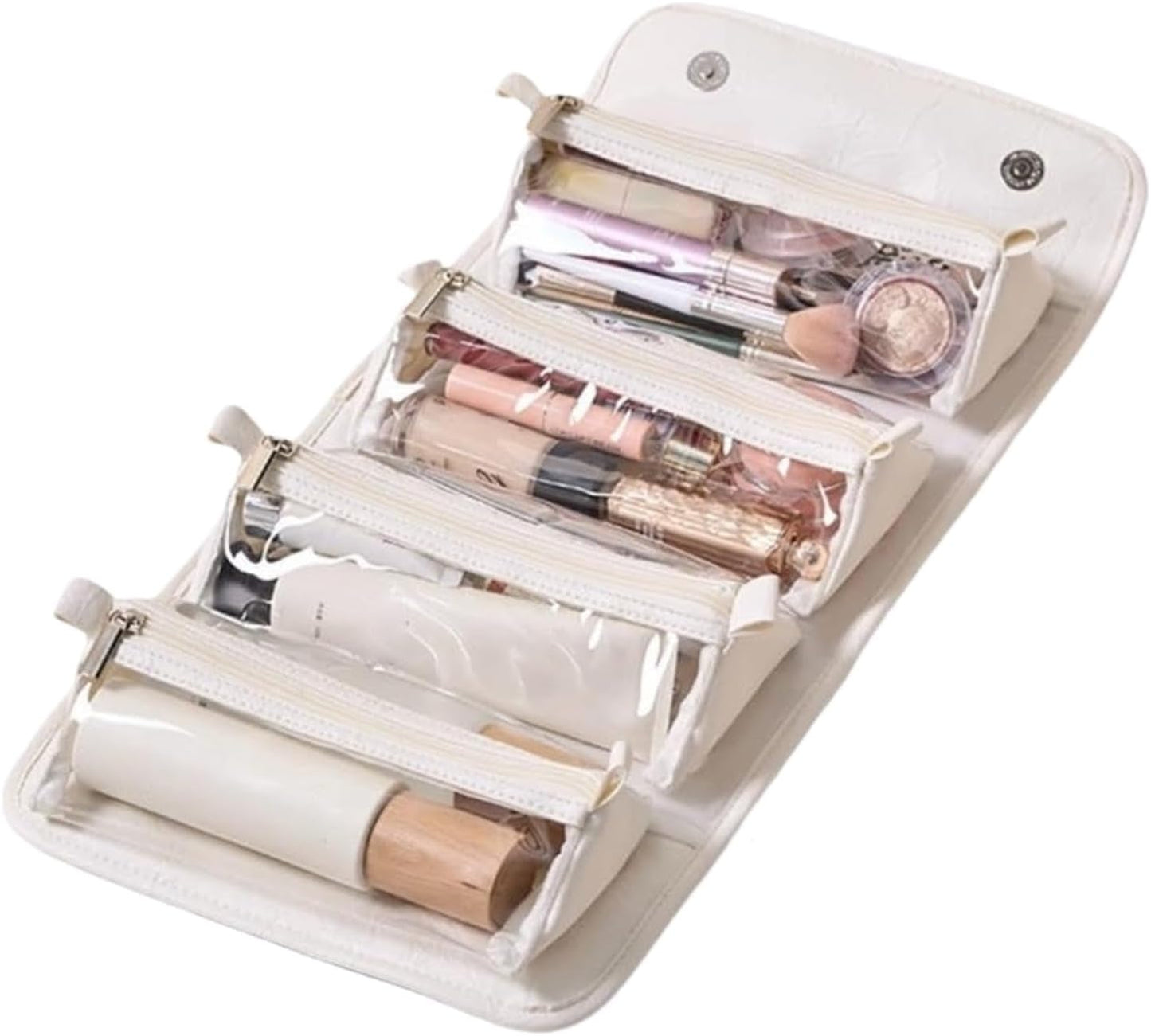 Toiletry Roll Up Travel Bag | Large Capacity Leather Waterproof Cosmetic and Makeup Bag | Open Flat 4 Detachable Clear Compartment Portable Toiletry Bag Pouch with Handle for Accessories, white,