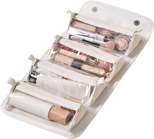 Toiletry Roll Up Travel Bag | Large Capacity Leather Waterproof Cosmetic and Makeup Bag | Open Flat 4 Detachable Clear Compartment Portable Toiletry Bag Pouch with Handle for Accessories, white,