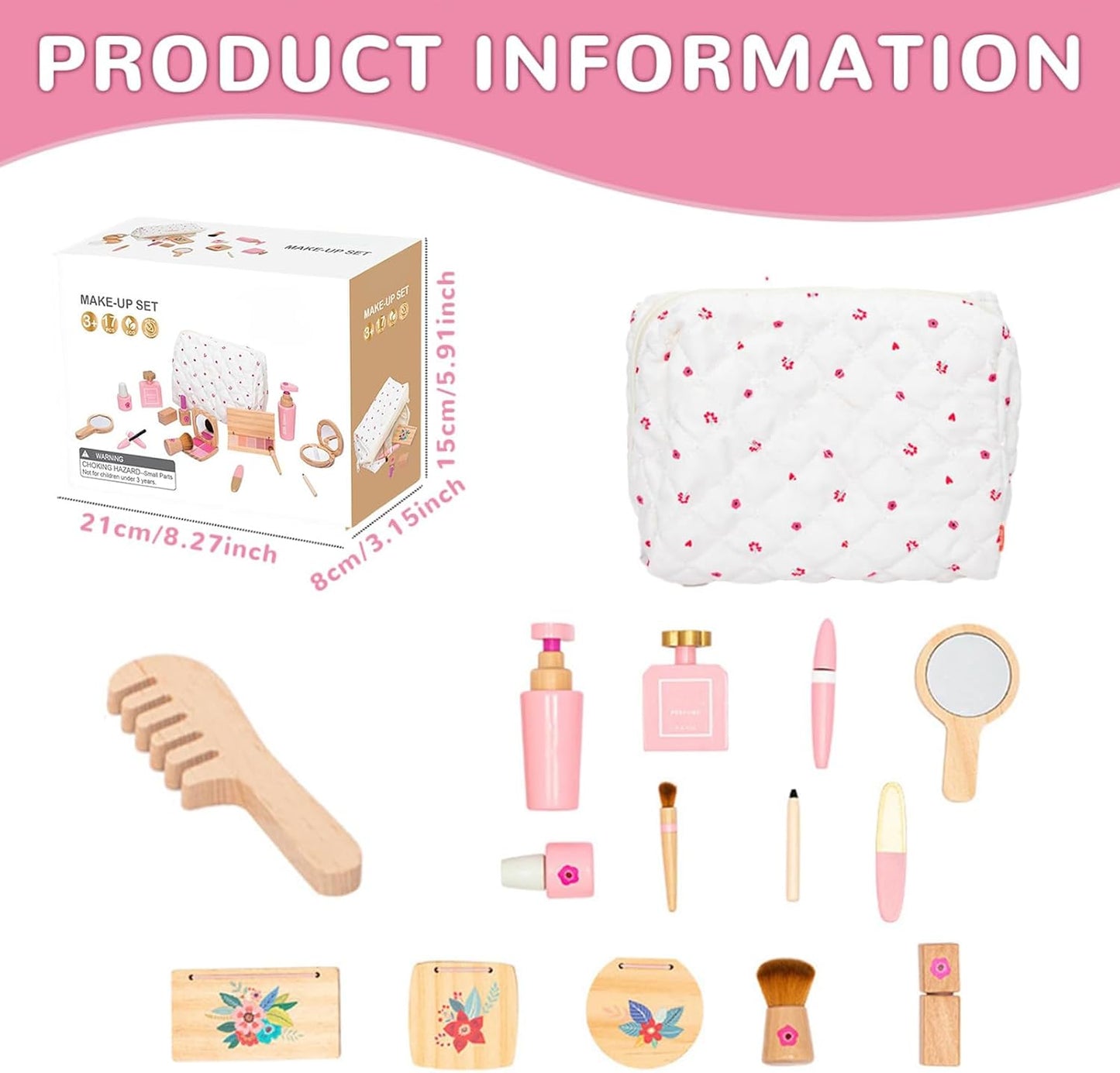 Wood Beauty Hair Salon & Makeup, Pretend Play Dress-Up Kit, Safe Educational Makeup and Hair Toy Set for Boys and Girls, Child-Friendly Design, Crafted from Smooth, Harmless Materials