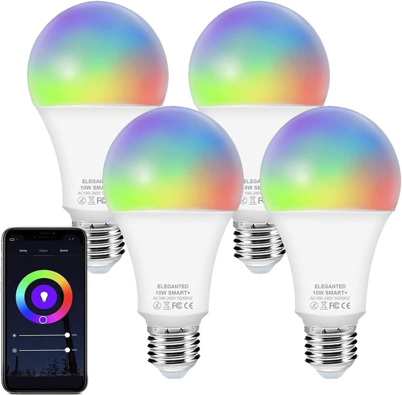 4 Pack Smart Wi-Fi LED Bulbs, E27 Light Bulbs, RGBW Smart LED Light Bulbs with 16 Million Colors, Cool and Warm White Light, Dimmable 2700K to 6500K White Lights