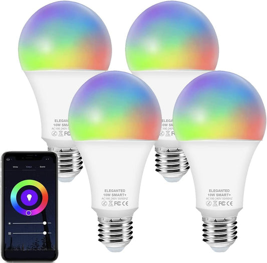 4 Pack Smart Wi-Fi LED Bulbs, E27 Light Bulbs, RGBW Smart LED Light Bulbs with 16 Million Colors, Cool and Warm White Light, Dimmable 2700K to 6500K White Lights