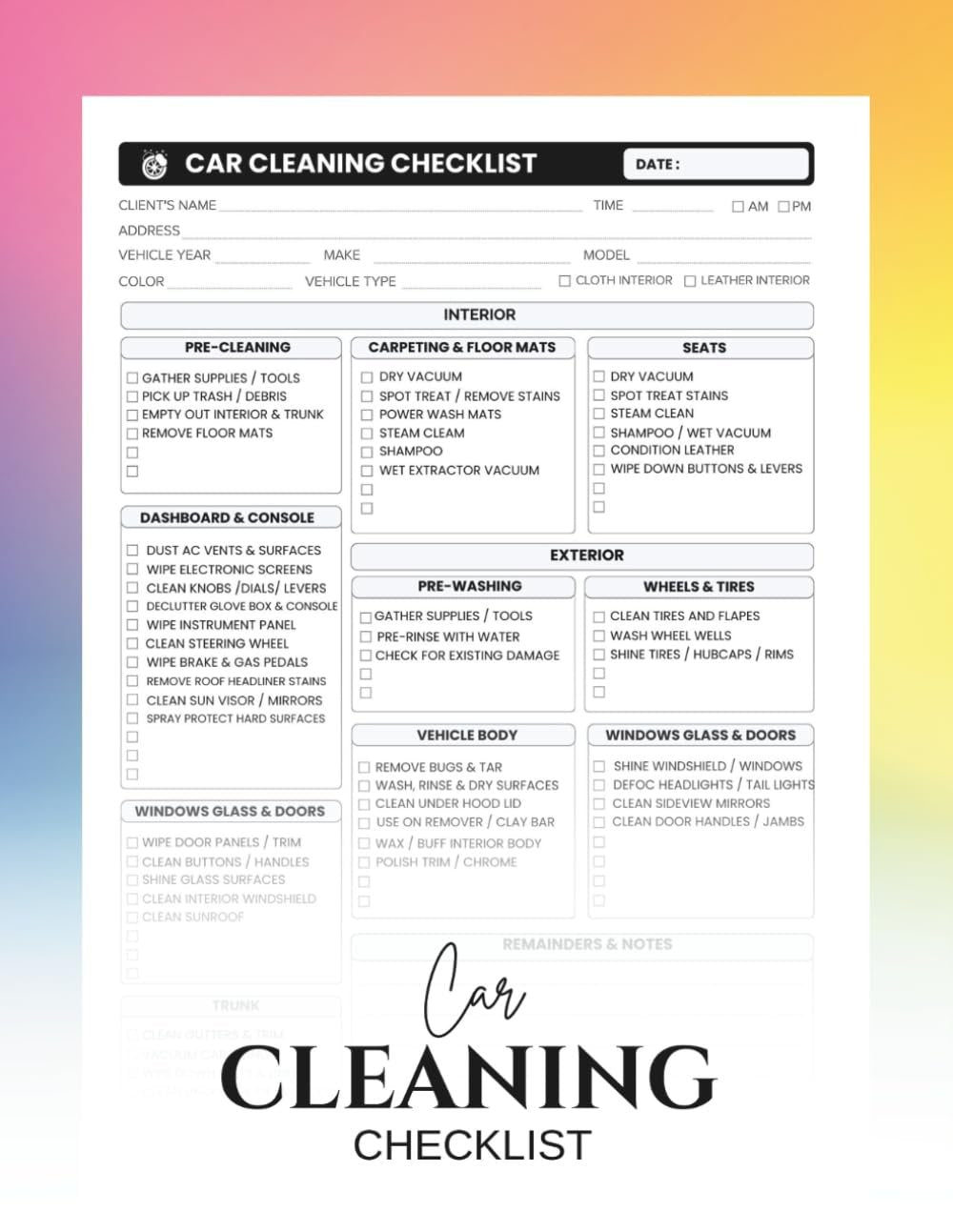 Car Cleaning Checklist: Your Comprehensive Auto Detailing and Vehicle Maintenance Log Book