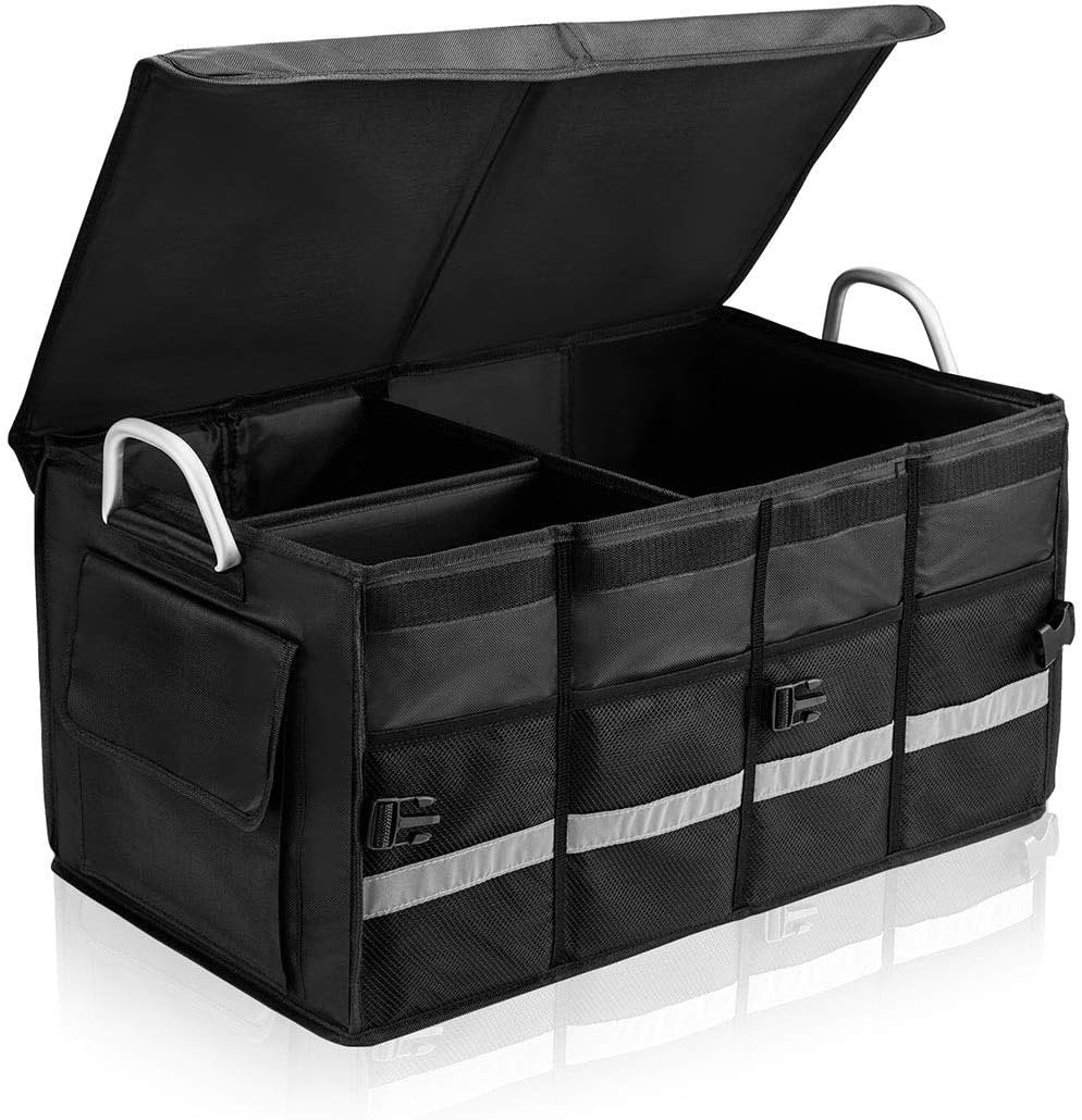 i BKGOO Car Trunk Organizer,Heavy Duty Collapsible Car Cube Storage Boxes with Lid,Foldable Cover,Car Cargo Trunk Storage Organizer Black