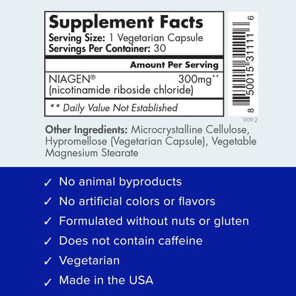 TRU NIAGEN Patented NAD+ Supplement for Anti Aging and Cell Regeneration, 300 mg Niagen, 30 Servings | Supports Cellular Energy, Brain, Muscle | Nicotinamide Riboside (NR) Take 1 Daily | 1 Bottle
