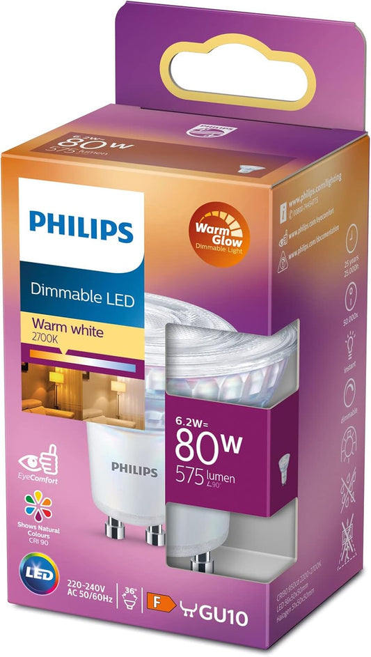 Philips LED Classic Warm Glow Dimmable Light Bulb [GU10 Spot] 6.2W - 80W Equivalent, Warm White (2200-2700K). for Indoor Relaxed Home Lighting, Livingroom, Bedroom.