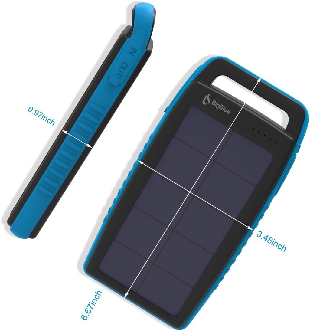15000mAh Solar Battery Charger BigBlue Solar Charger with Dual USB-A Port, Portable Solar Power Bank with IPX4 Waterproof, Solar Panel Battery Pack with Flashlight for Camping or Hurricane(Light Blue)