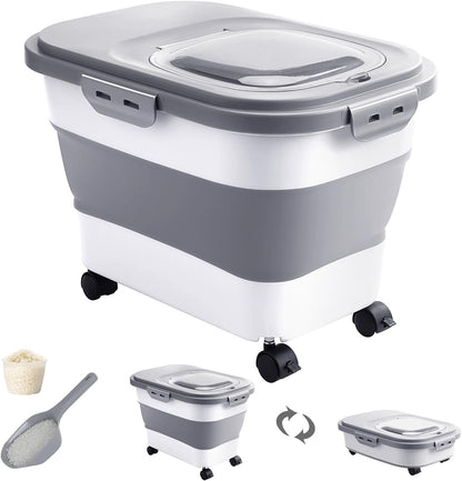 DDMOMMY 20-30 Lbs Rice Storage Container,Collapsible Food Storage Containers with Rolling Wheel Airtight Locking Lid,Flour Storage Container with Cup and Scoop,Suitable for Food,Rice,Pet Food,Flour