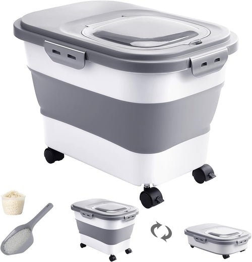DDMOMMY 20-30 Lbs Rice Storage Container,Collapsible Food Storage Containers with Rolling Wheel Airtight Locking Lid,Flour Storage Container with Cup and Scoop,Suitable for Food,Rice,Pet Food,Flour