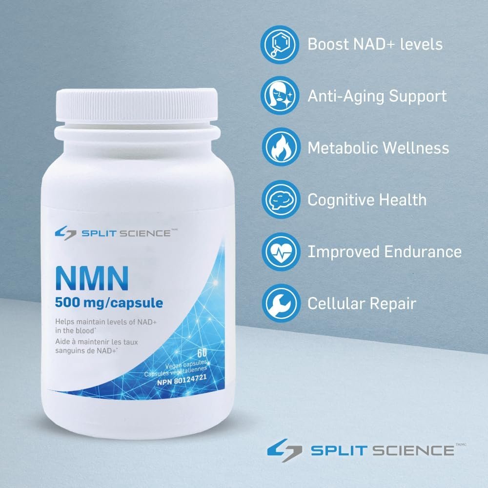 Canadian-Made Highly Purified Split Science NMN30000 | NAD+ Booster | Ultra High Potency 500 mg per Capsule | 60 Easy-to-swallow Capsules | Enhanced Energy and Endurance, Cellular Support, Cognitive Health | Vegan Capsules