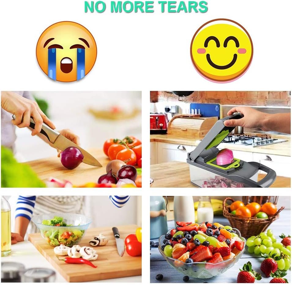 Vegetable Chopper Mandoline Slicer Cutter Onion Chopper Dicer Pro Food Chopper Slicer Durable Veggie Cutter with Large Container Drain Basket and 8 Blades for Tomato Potato Carrot