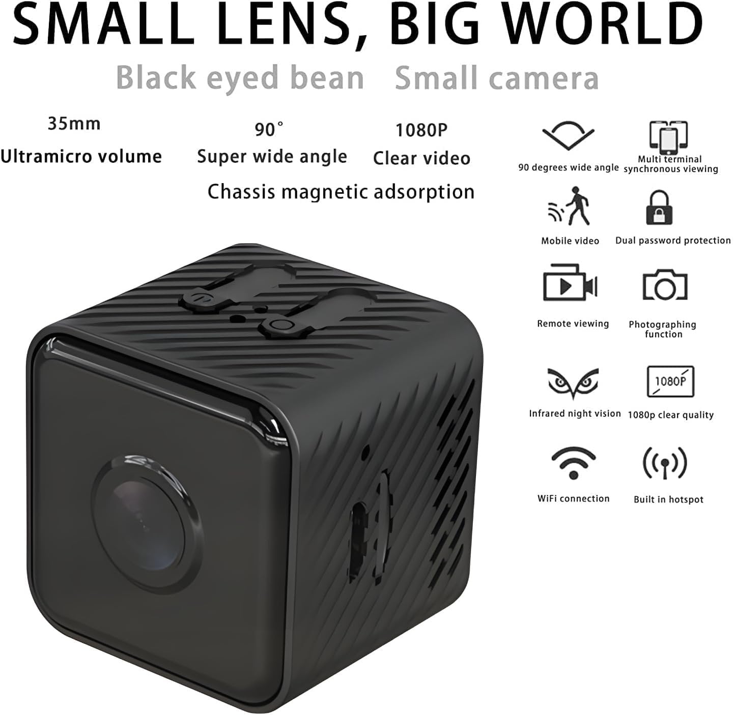 Amhillras Mini WiFi Security Camera, 1080P, 90Â° Wide Angle, Night Vision, Magnetic Mount, Black