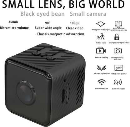 Amhillras Mini WiFi Security Camera, 1080P, 90Â° Wide Angle, Night Vision, Magnetic Mount, Black