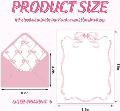 Whaline 60 Pink Bow Stationery Paper Set Cute Bow Knot Letter Writing Paper with Envelopes for Greeting Card Invitation Office Printing, 8.5 x 11 Inch