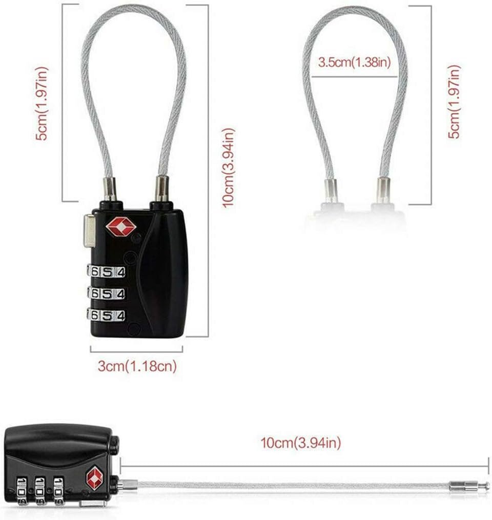 Luggage Locks, TSA Accepted 3 Digit Luggage Cable Locks with Alloy Body, Set Your Own Combination for Travel,Black