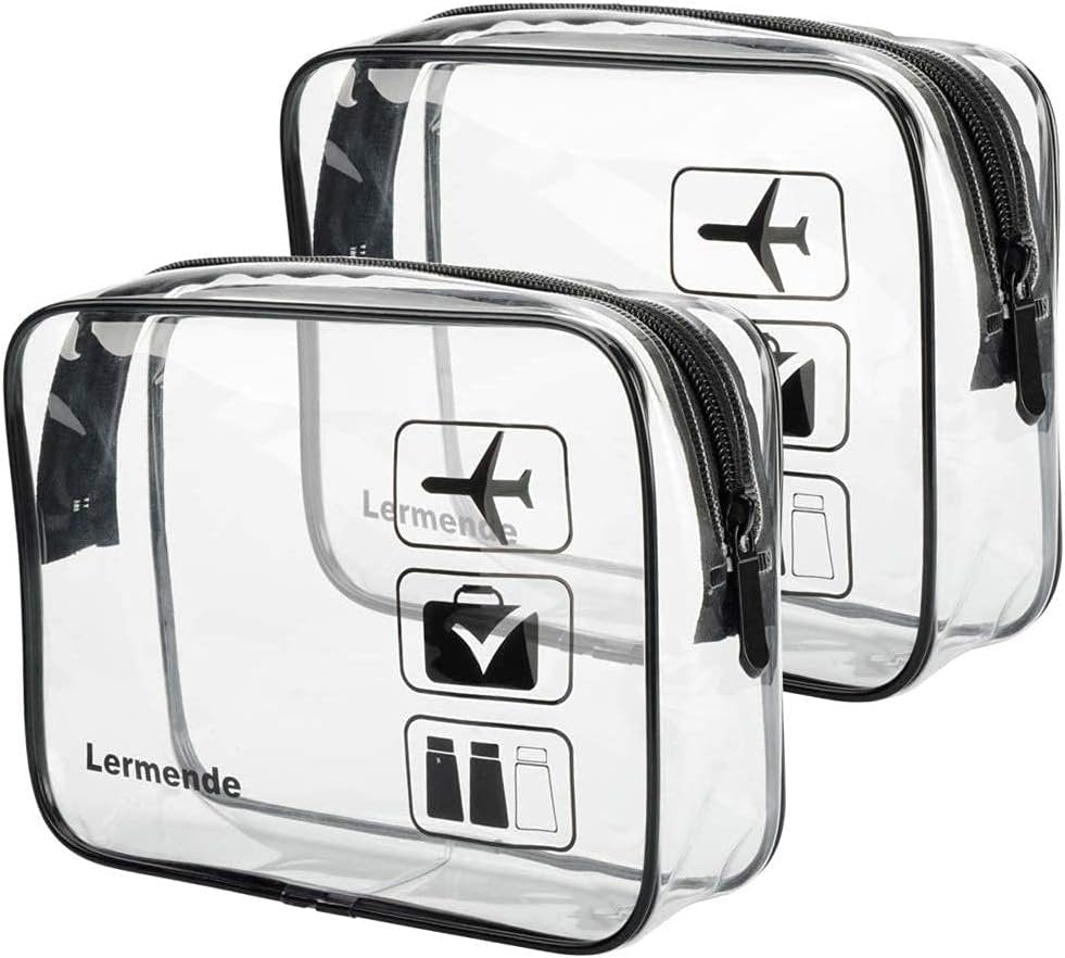 Lermende 2pcs Clear Toiletry Bag TSA Approved Travel Bag,Carry On for Travel,Airport Airline Accessories Compliant Bag,Quart Sized Makeup Cosmetic Bag Women Men