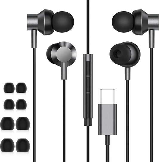 USB C Headphones Earbuds, 2Pack Wired Earphones Noise Canceling Isolating with Type C Plug (Built-in Microphone & Volume Control) for Galaxy iPhone 16 15 Android Smartphone and Other USB C Device