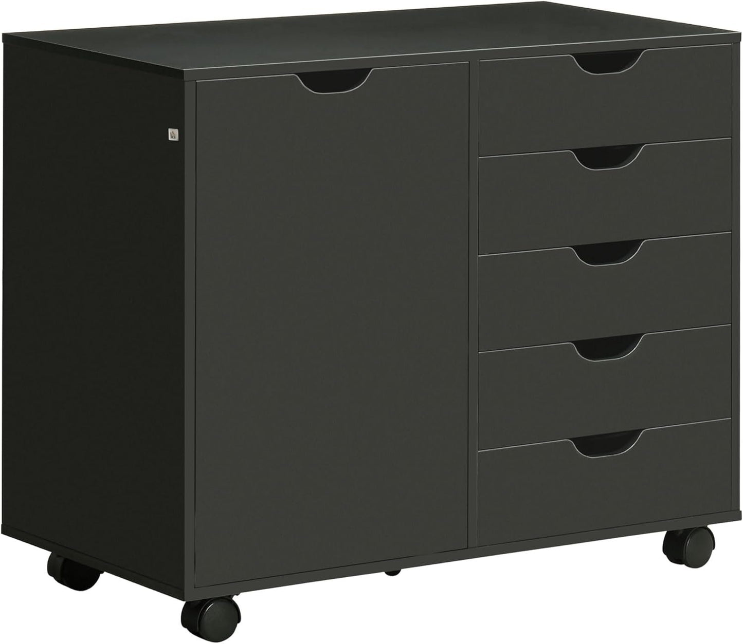 HOMCOM Lateral Filing Cabinet, 5-Drawers File Cabinet with Door and Adjustable Shelf, Mobile Office Storage Cabinet on Wheels, Printer Stand for Home Office, Black