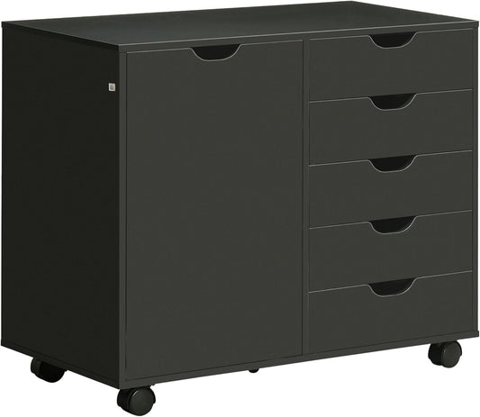 HOMCOM Lateral Filing Cabinet, 5-Drawers File Cabinet with Door and Adjustable Shelf, Mobile Office Storage Cabinet on Wheels, Printer Stand for Home Office, Black
